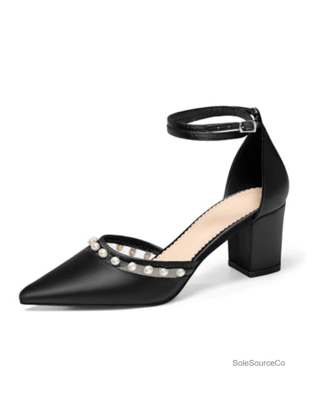Pearl Embellished Satin Chunky Heel Pumps Pointed Toe Ankle Strap Wedding Shoes